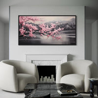 Pink Cherry Blossom on Black Abstract Framed Canvas Wall Art
