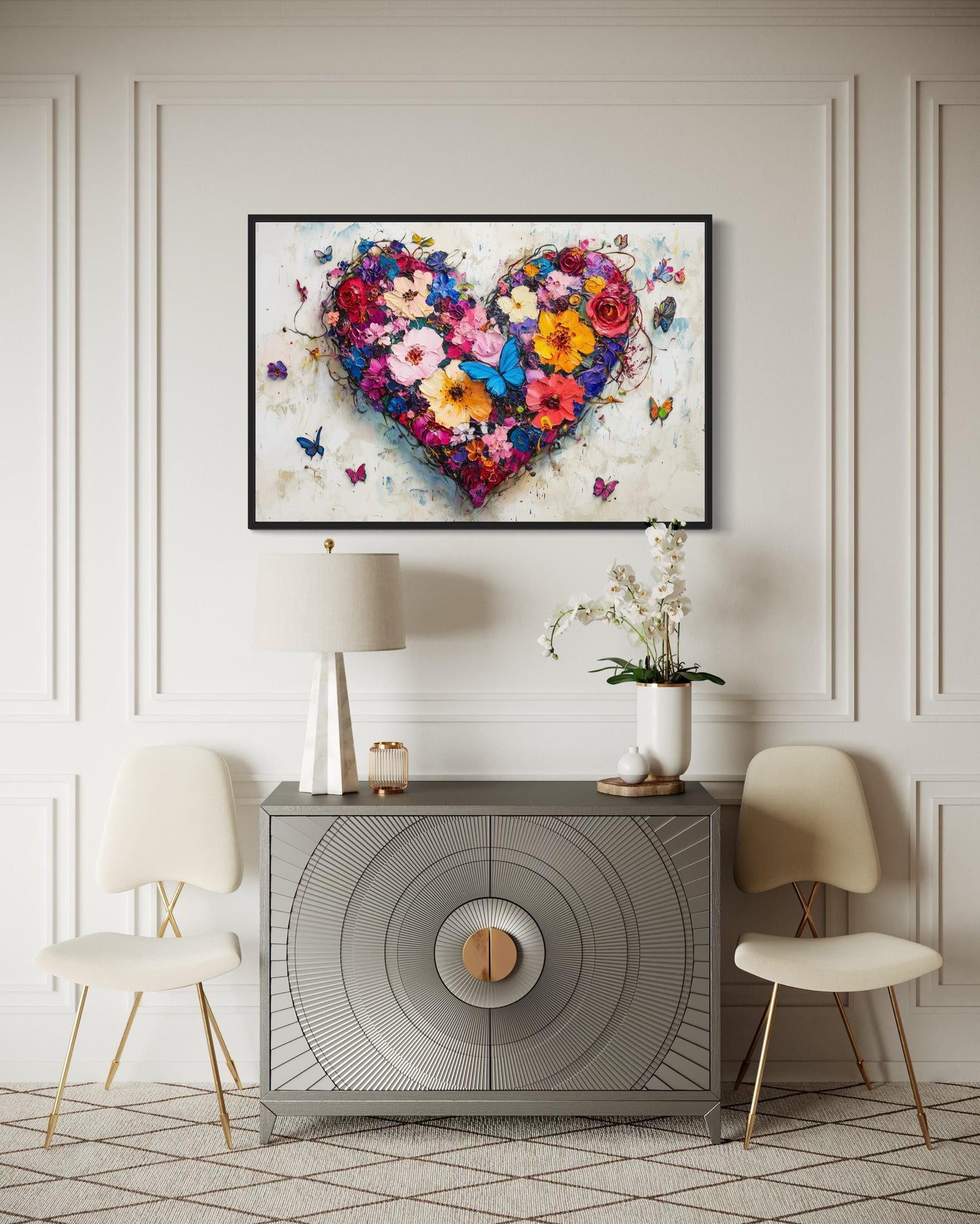 Pink Floral Heart With Butterflies Wall Art - Colorful Romantic Graffiti Canvas Print For Living Room Or Bedroom