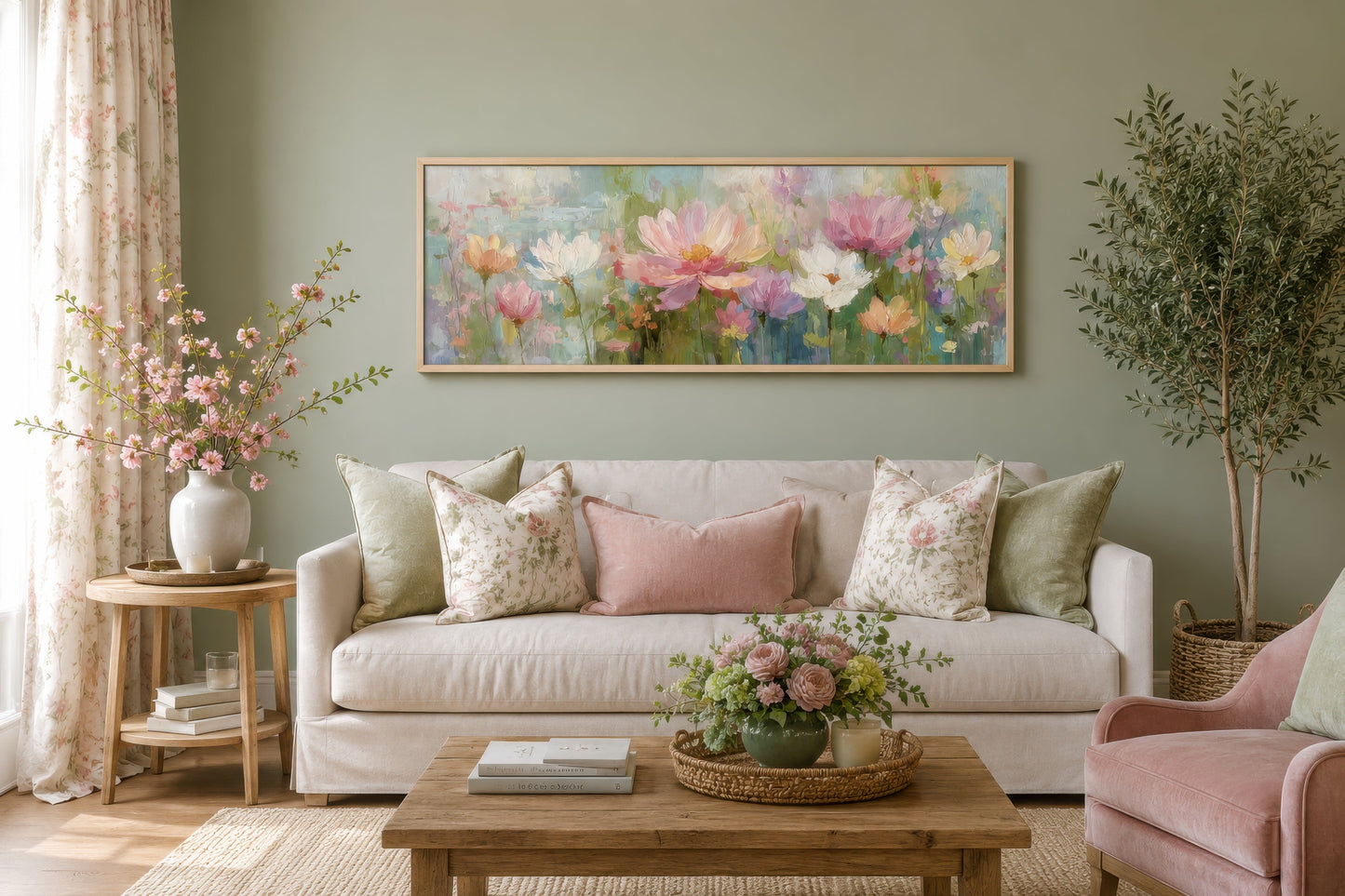 Pink Green Long Horizontal Botanical Floral Wall Art