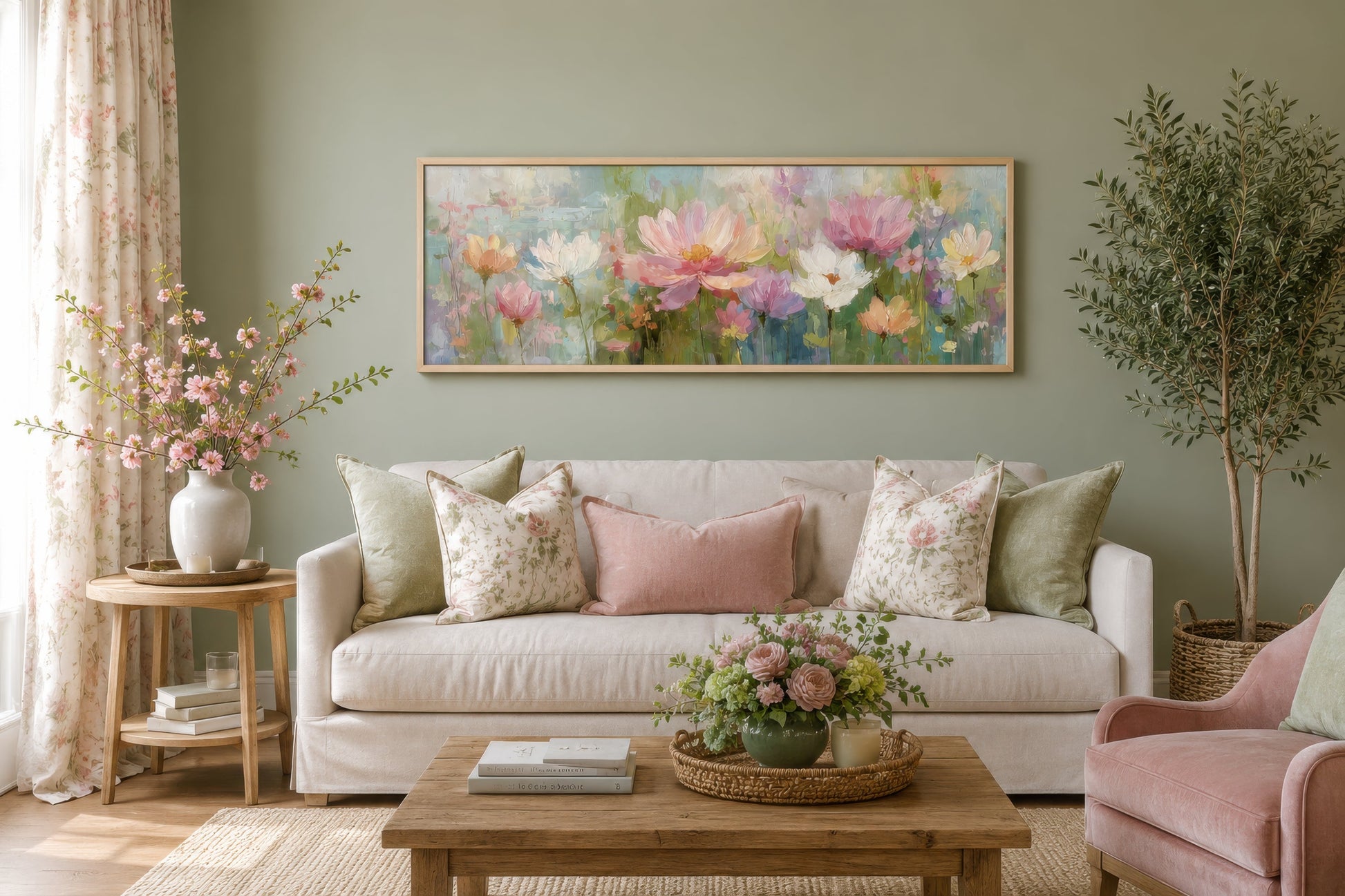 Pink Green Long Horizontal Botanical Floral Wall Art