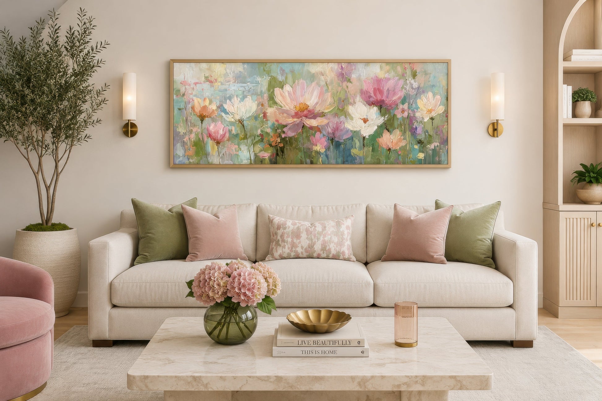Pink Green Long Horizontal Botanical Floral Wall Art