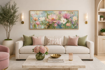 Pink Green Long Horizontal Botanical Floral Wall Art