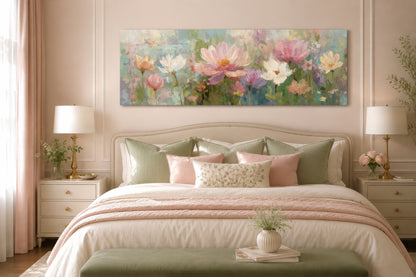 Pink Green Long Horizontal Botanical Floral Wall Art