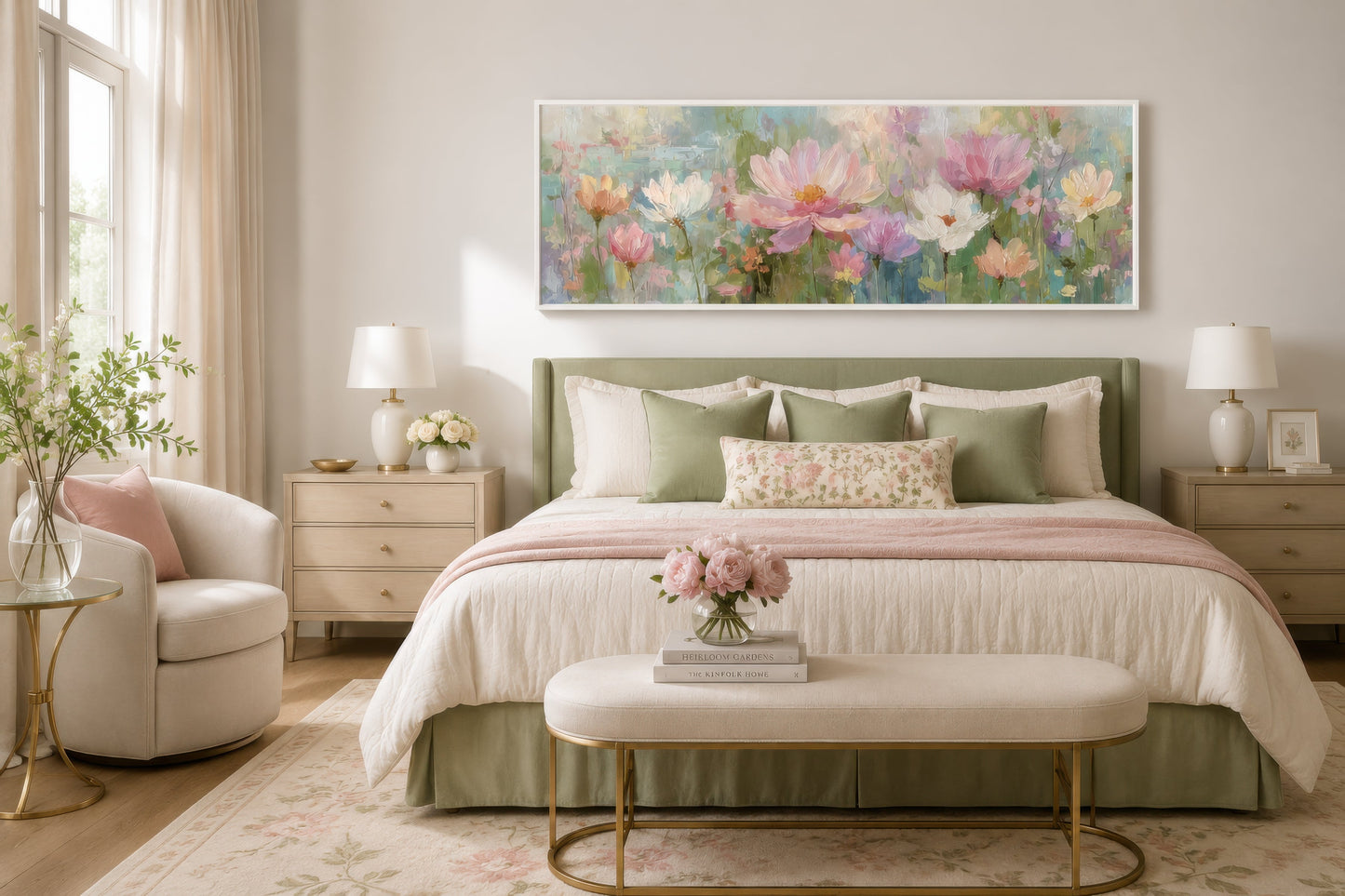 Pink Green Long Horizontal Botanical Floral Wall Art