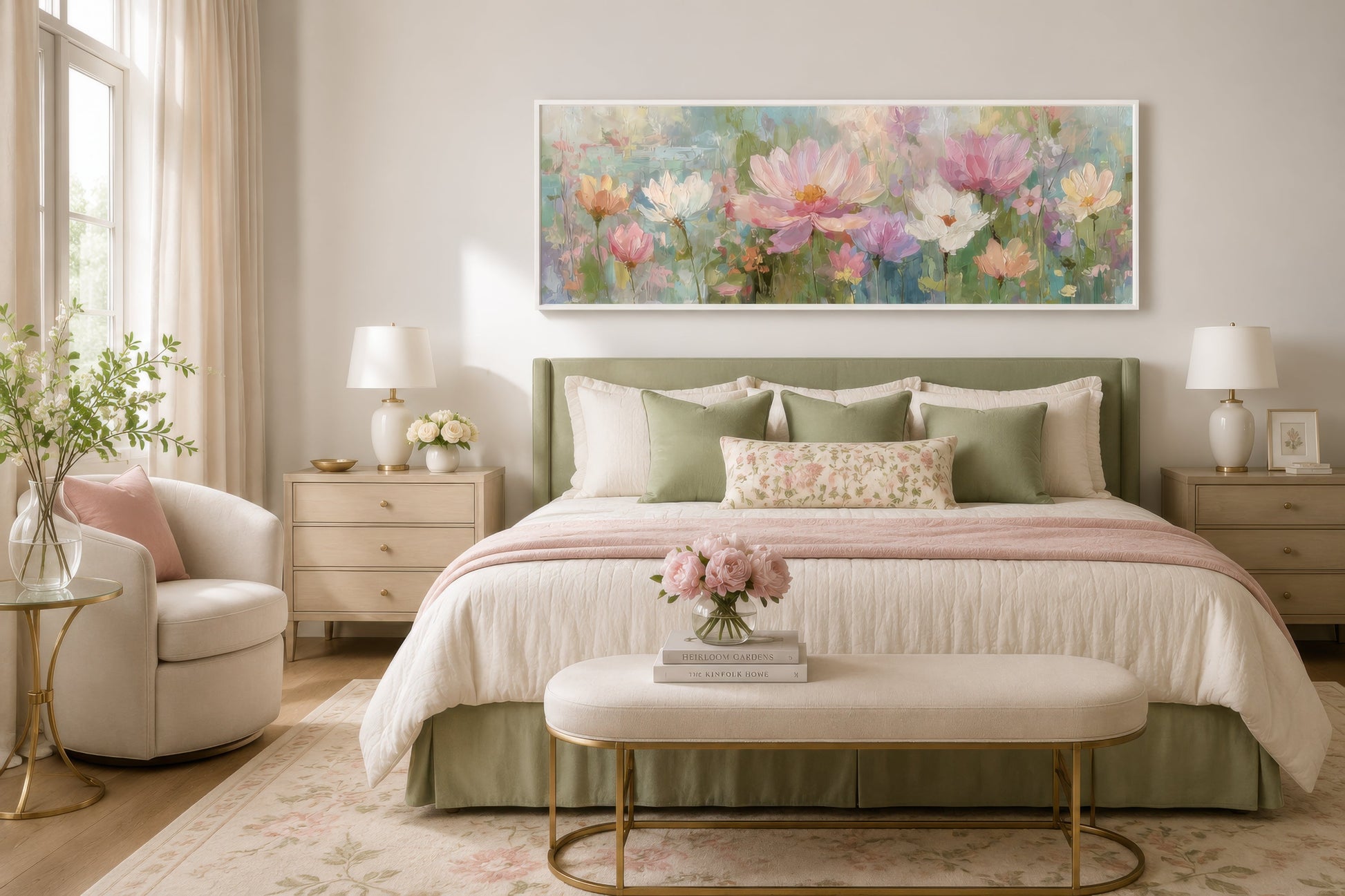 Pink Green Long Horizontal Botanical Floral Wall Art