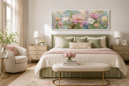 Pink Green Long Horizontal Botanical Floral Wall Art