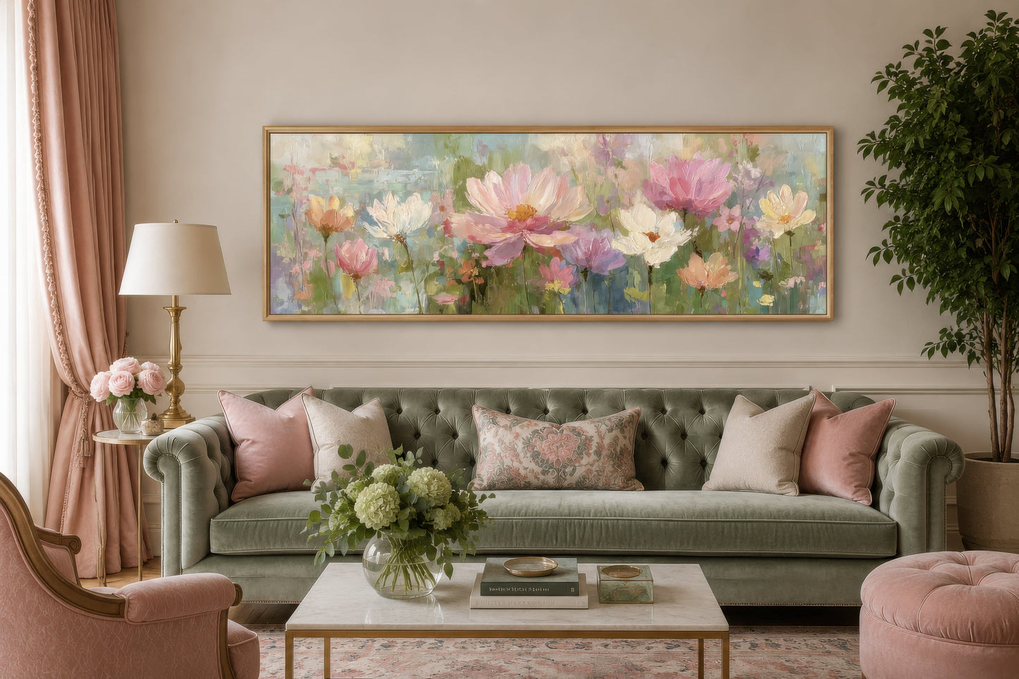 Pink Green Long Horizontal Botanical Floral Wall Art