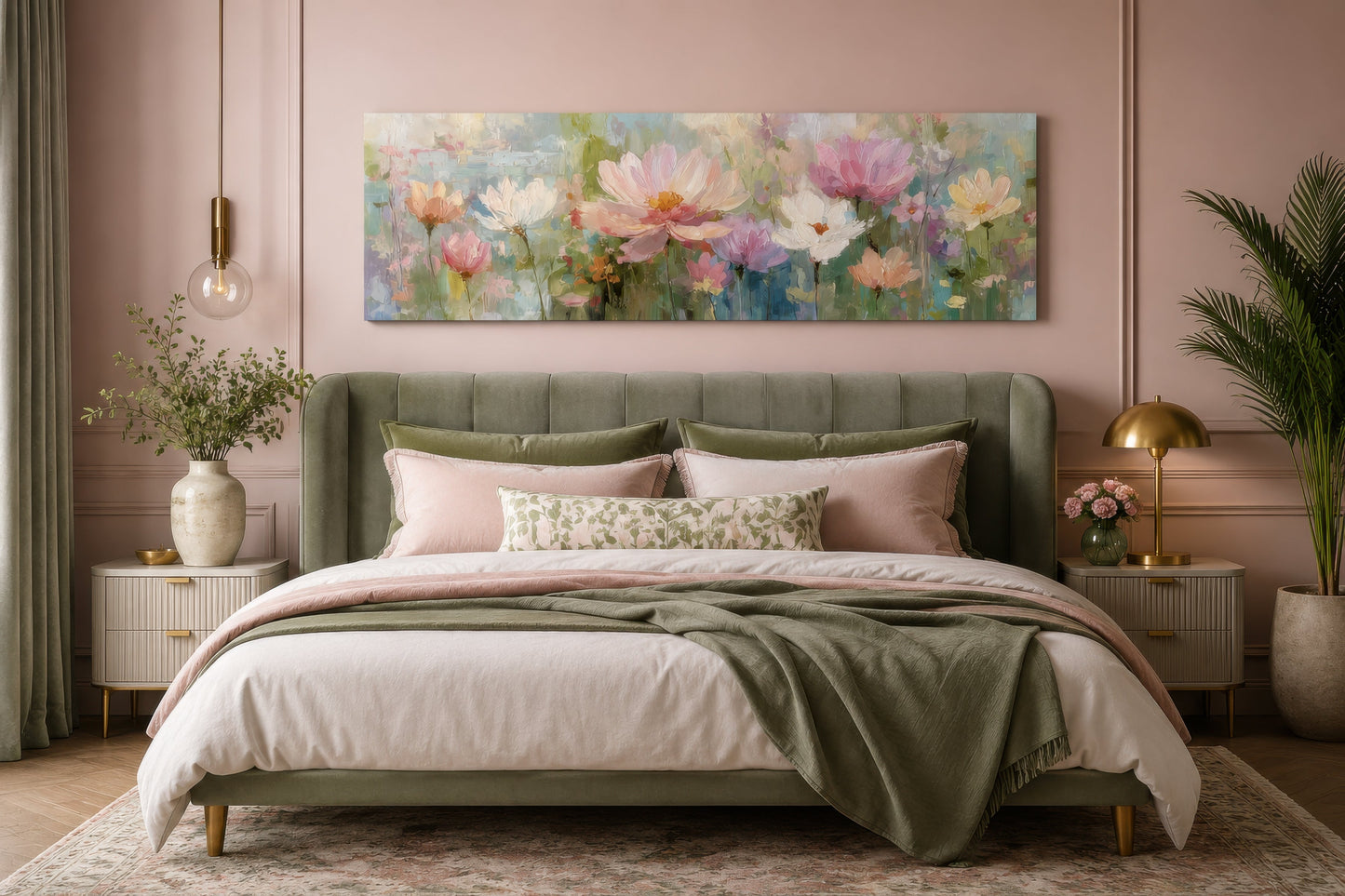 Pink Green Long Horizontal Botanical Floral Wall Art