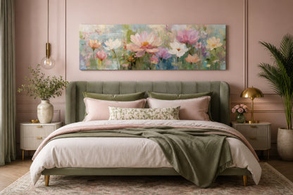 Pink Green Long Horizontal Botanical Floral Wall Art