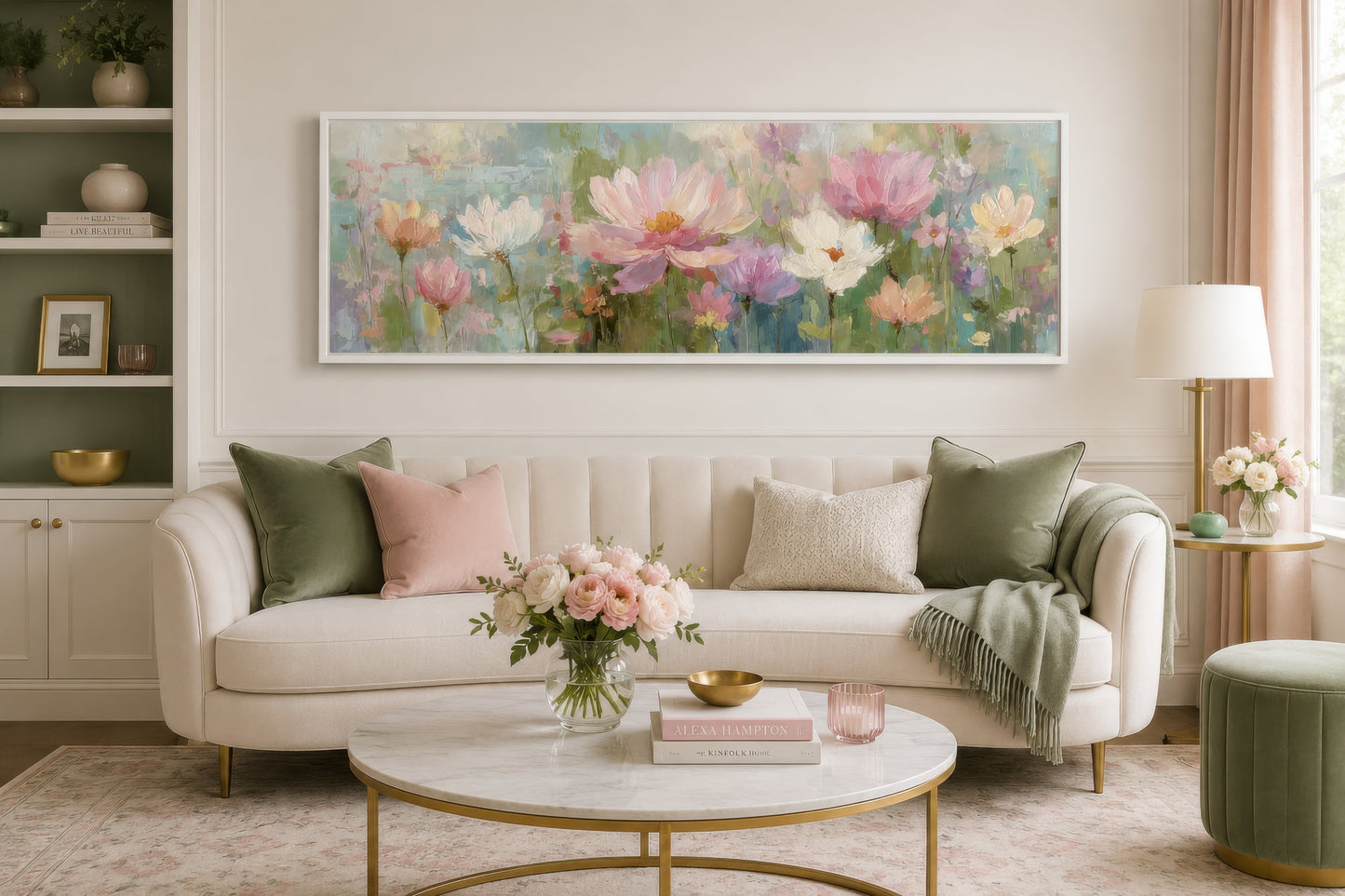 Pink Green Long Horizontal Botanical Floral Wall Art