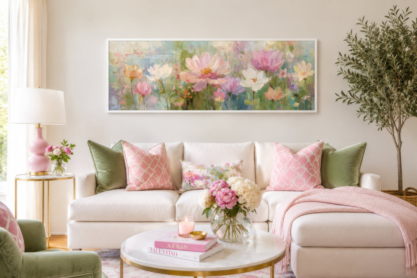 Pink Green Long Horizontal Botanical Floral Wall Art