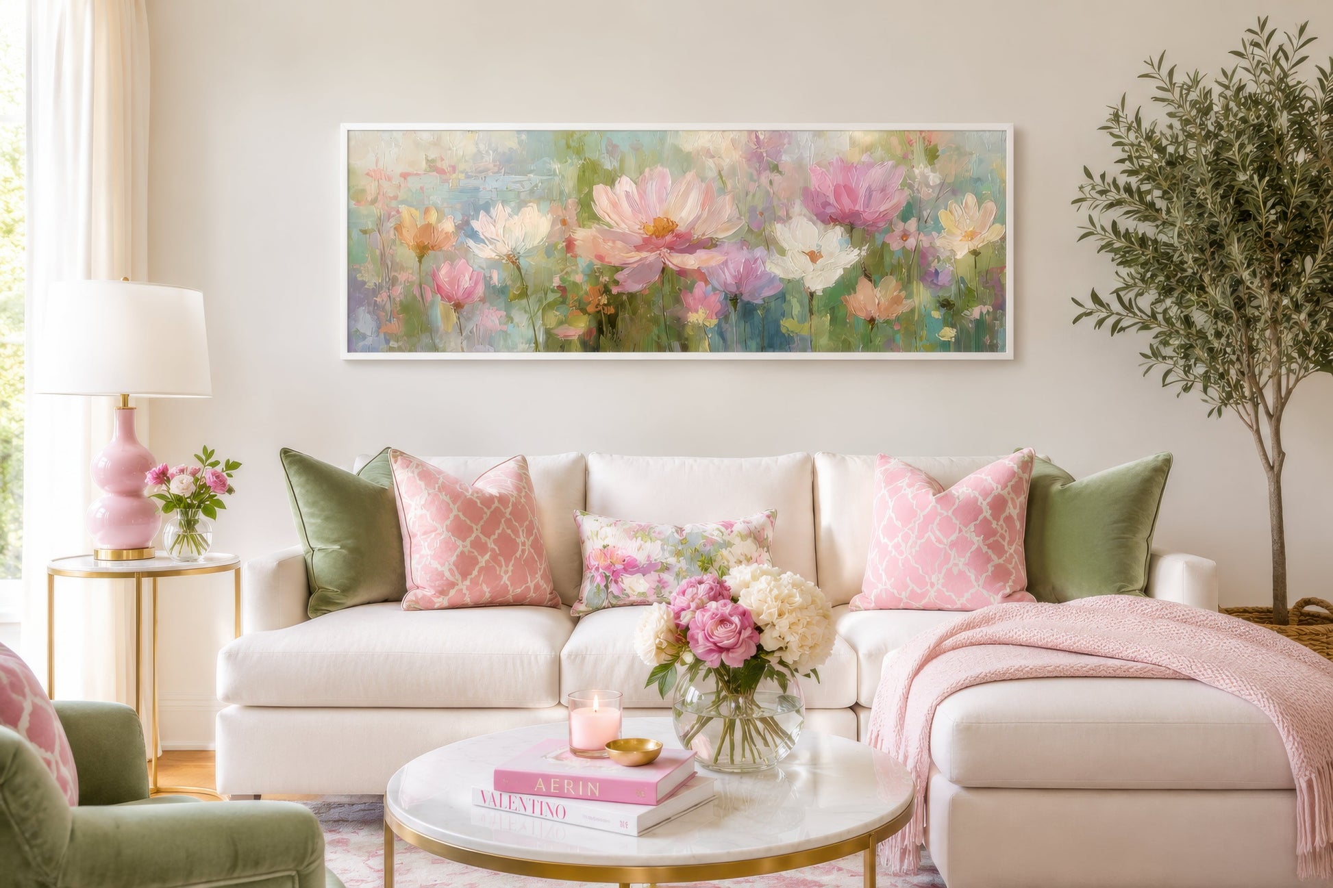 Pink Green Long Horizontal Botanical Floral Wall Art