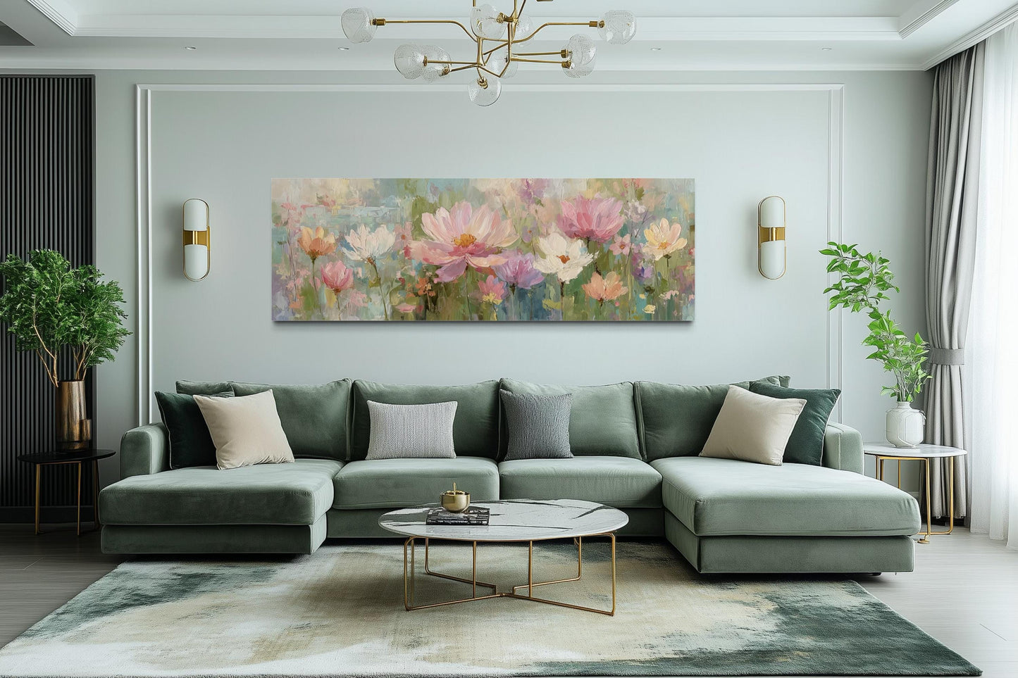 Pink Green Long Horizontal Botanical Floral Wall Art