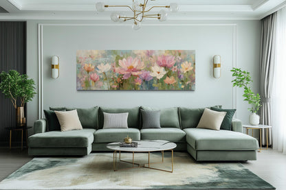 Pink Green Long Horizontal Botanical Floral Wall Art