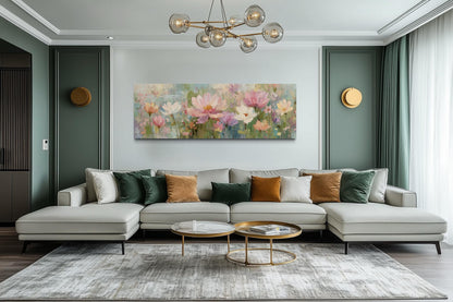 Pink Green Long Horizontal Botanical Floral Wall Art