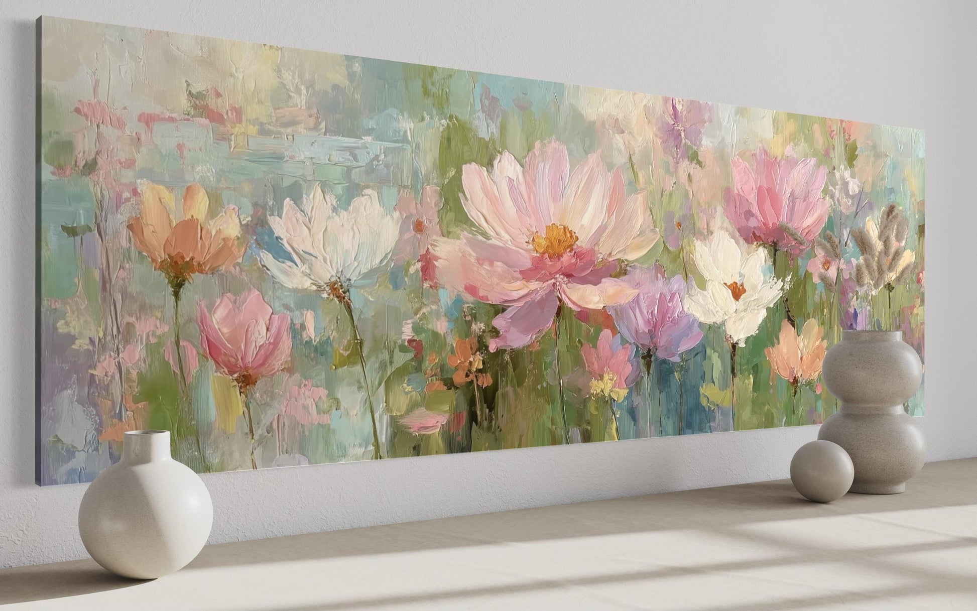Pink Green Long Horizontal Botanical Floral Wall Art