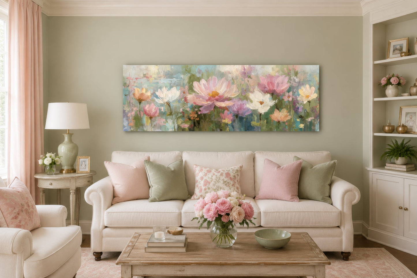 Pink Green Long Horizontal Botanical Floral Wall Art
