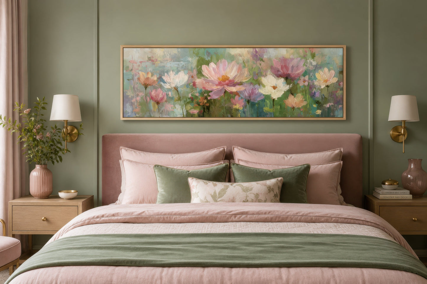 Pink Green Long Horizontal Botanical Floral Wall Art
