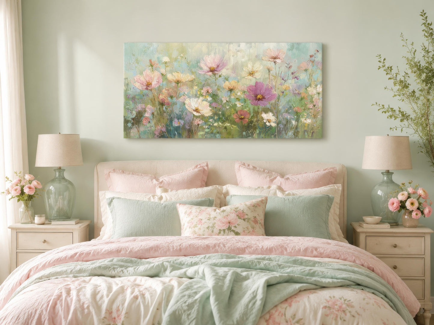 Pink Green Pastel Floral Canvas Wall Art For Living Room