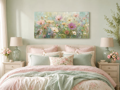 Pink Green Pastel Floral Canvas Wall Art For Living Room