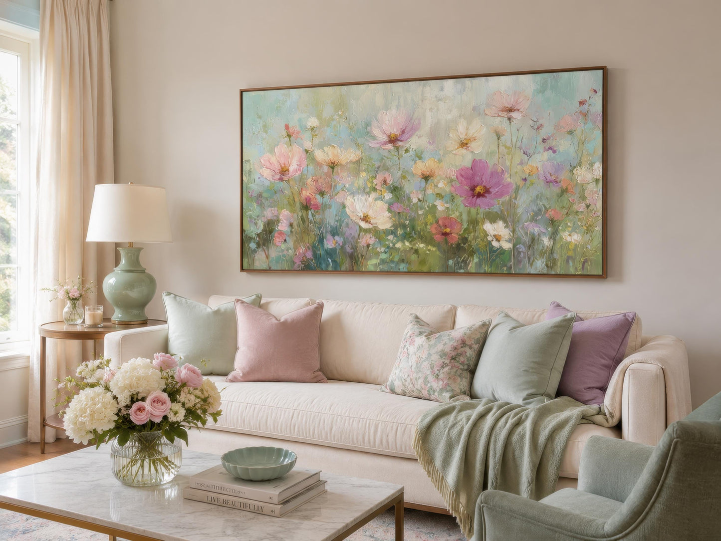 Pink Green Pastel Floral Canvas Wall Art For Living Room