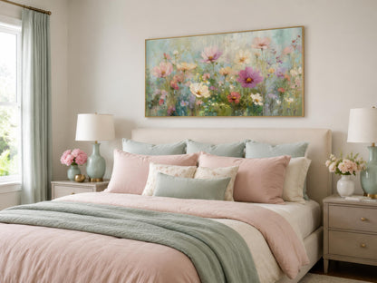 Pink Green Pastel Floral Canvas Wall Art For Living Room