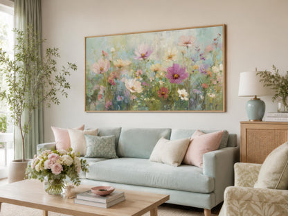Pink Green Pastel Floral Canvas Wall Art For Living Room