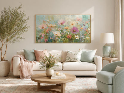 Pink Green Pastel Floral Canvas Wall Art For Living Room