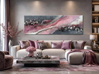 Pink Grey Abstract Wall Art - Long Horizontal Canvas Print With Geode Crystal Painting