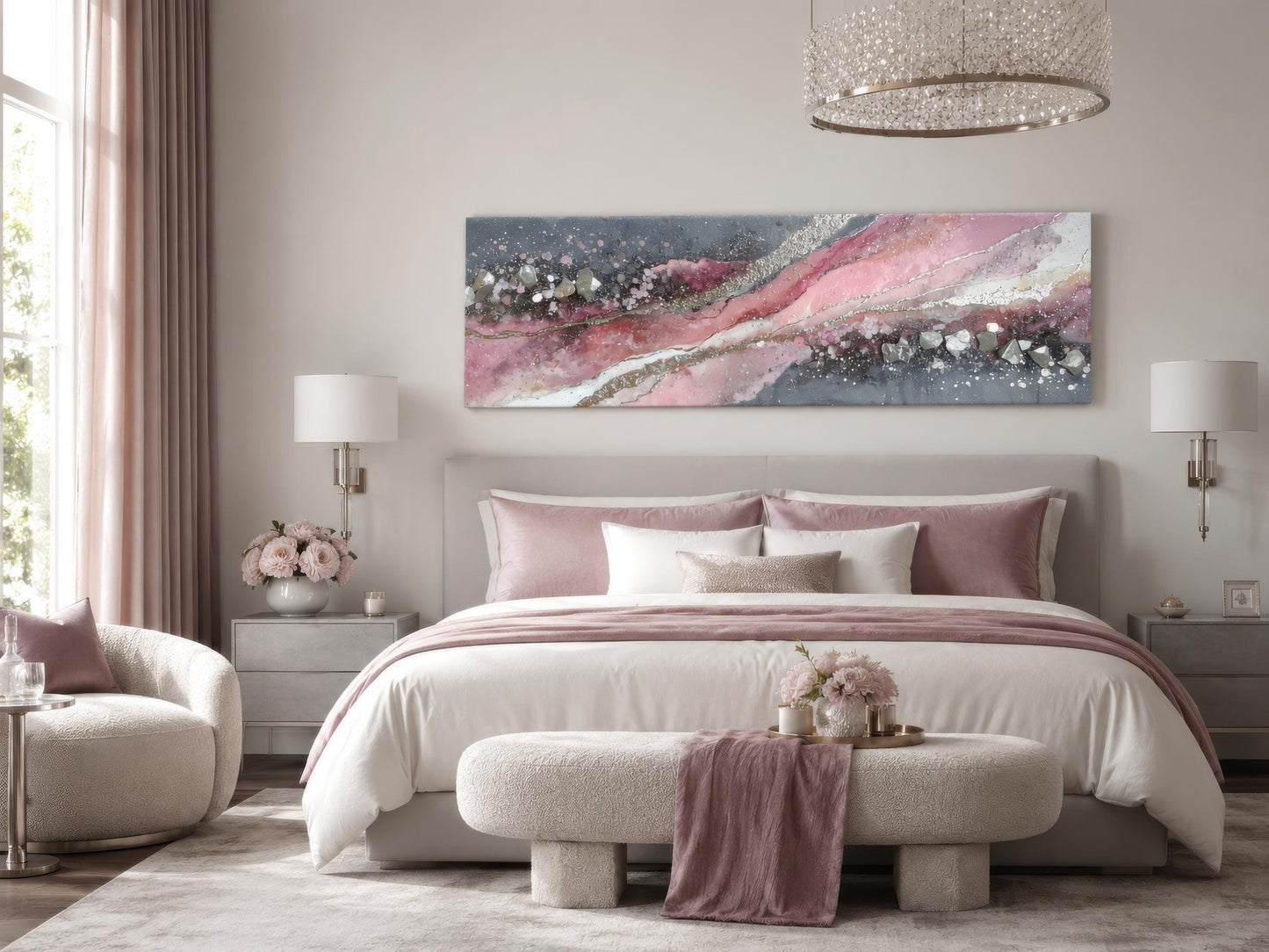 Pink Grey Abstract Wall Art - Long Horizontal Canvas Print With Geode Crystal Painting