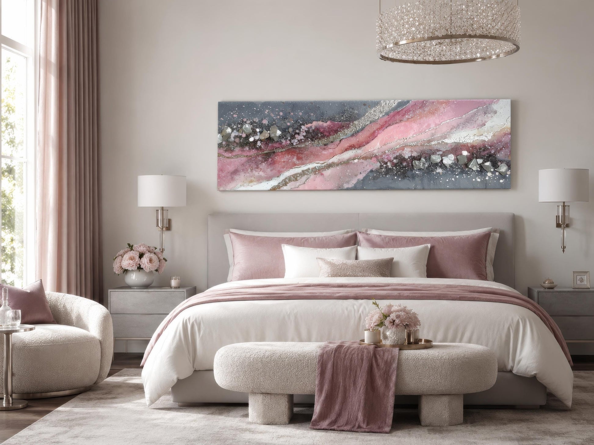 Pink Grey Abstract Wall Art - Long Horizontal Canvas Print With Geode Crystal Painting