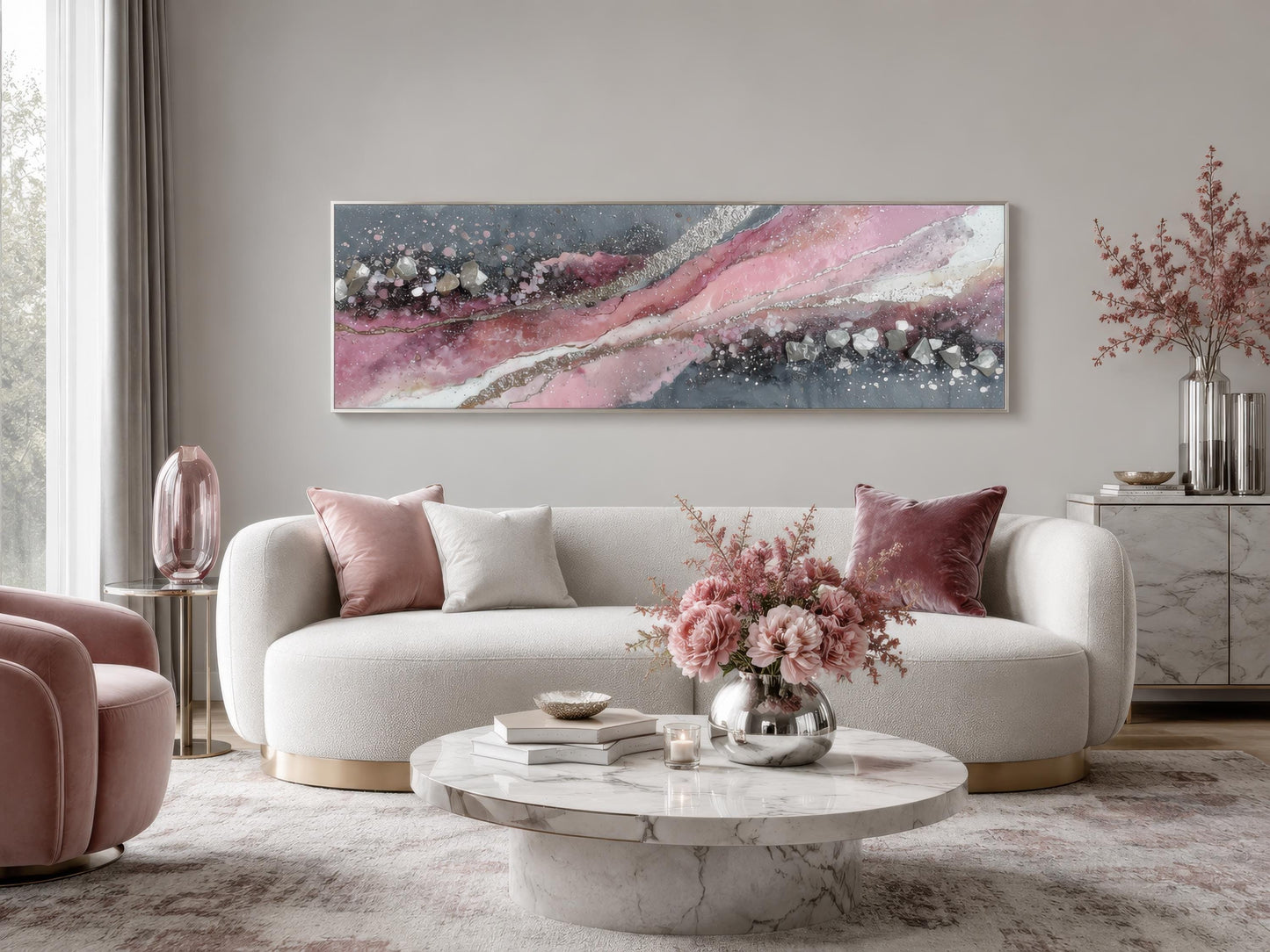 Pink Grey Abstract Wall Art - Long Horizontal Canvas Print With Geode Crystal Painting