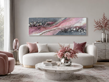 Pink Grey Abstract Wall Art - Long Horizontal Canvas Print With Geode Crystal Painting