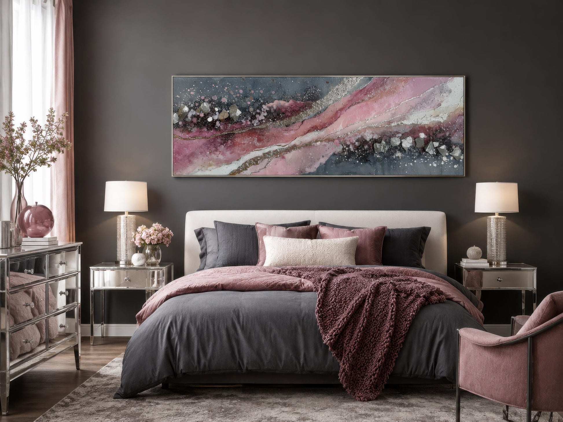 Pink Grey Abstract Wall Art - Long Horizontal Canvas Print With Geode Crystal Painting