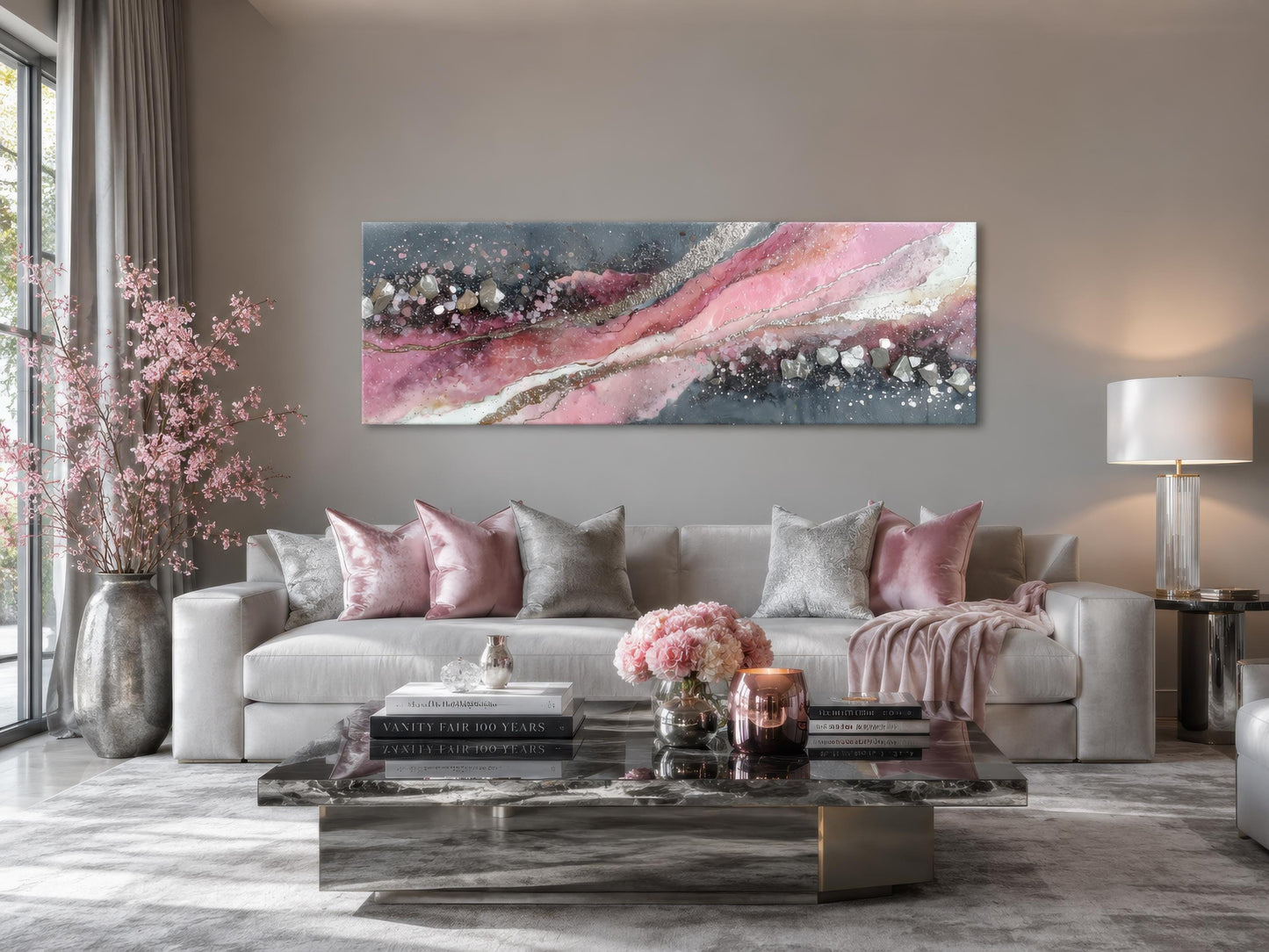 Pink Grey Abstract Wall Art - Long Horizontal Canvas Print With Geode Crystal Painting