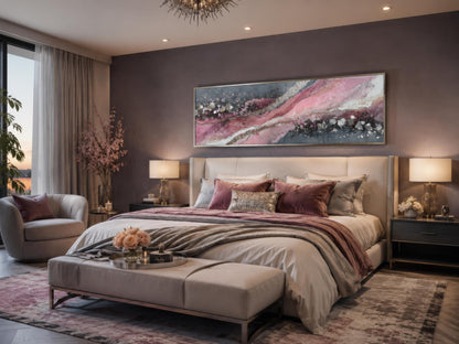 Pink Grey Abstract Wall Art - Long Horizontal Canvas Print With Geode Crystal Painting