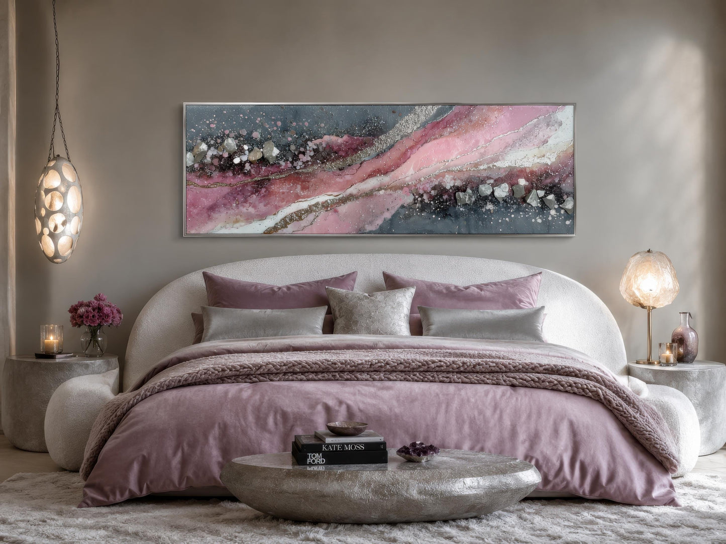 Pink Grey Abstract Wall Art - Long Horizontal Canvas Print With Geode Crystal Painting