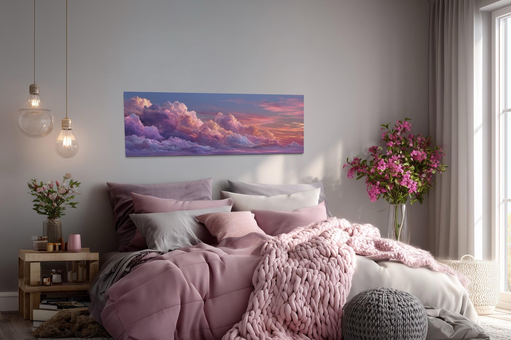 Pink Purple Clouds Sunset Wall Art – Panoramic Canvas With Dreamy Sky Painting