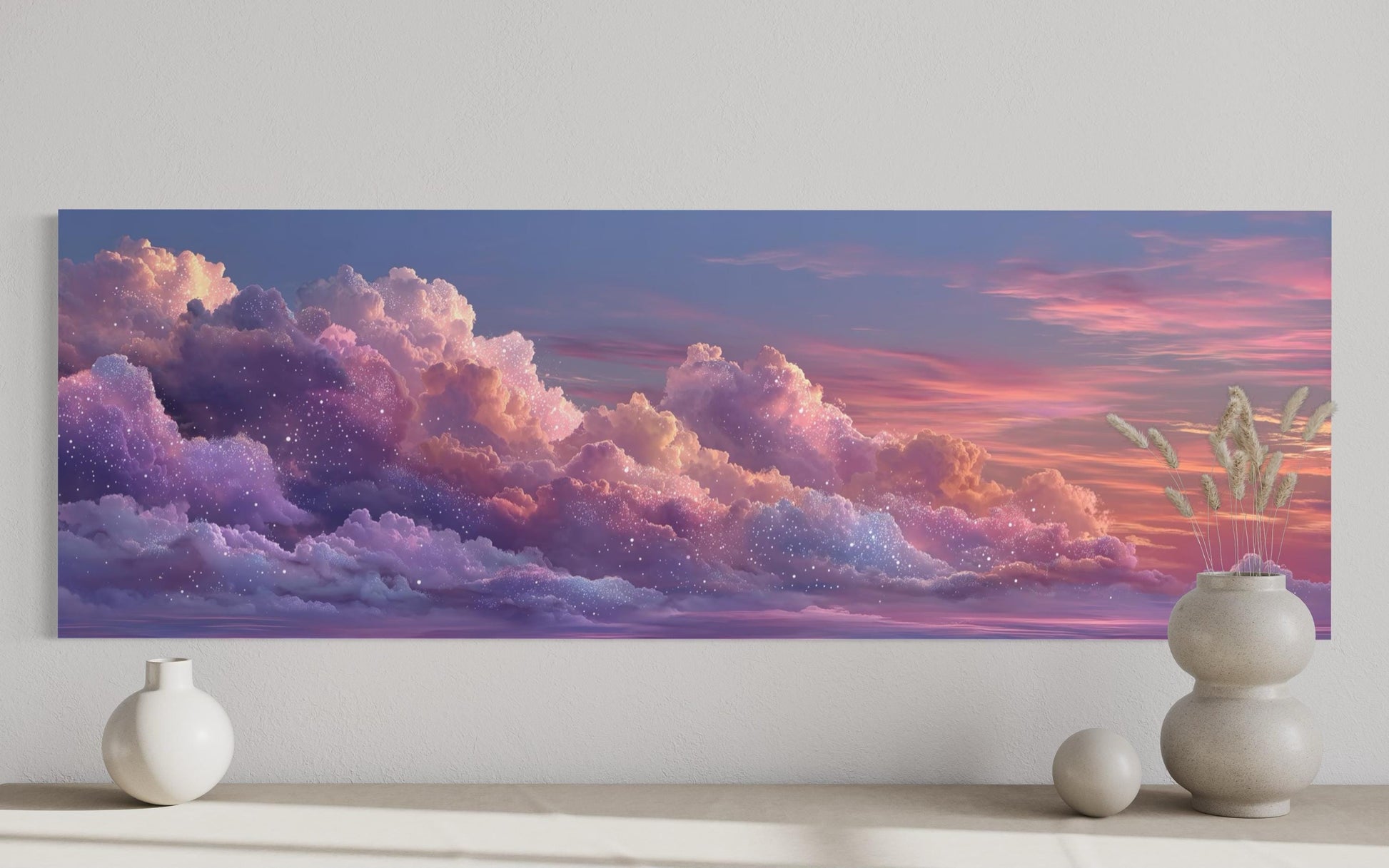 Pink Purple Clouds Sunset Wall Art – Panoramic Canvas With Dreamy Sky Painting