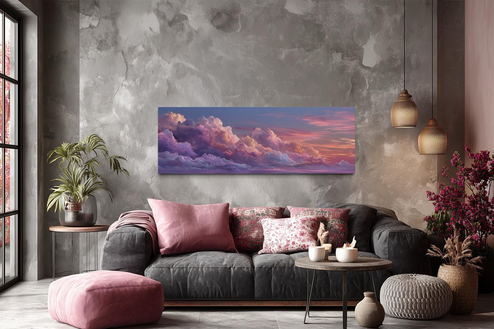 Pink Purple Clouds Sunset Wall Art – Panoramic Canvas With Dreamy Sky Painting