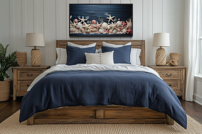 Pink Starfish And Seashells Painting On Navy Blue Wood Texture Coastal Bathroom Wall Art