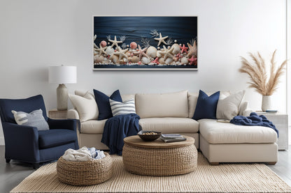 Pink Starfish And Seashells Painting On Navy Blue Wood Texture Coastal Bathroom Wall Art