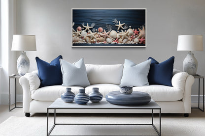 Pink Starfish And Seashells Painting On Navy Blue Wood Texture Coastal Bathroom Wall Art