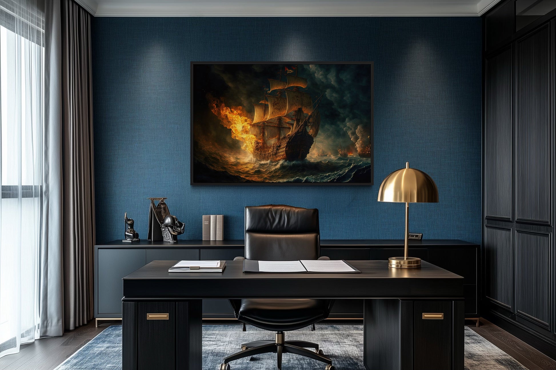 Pirate Ship Battle In Ocean Storm Nautical Framed Canvas Wall Art