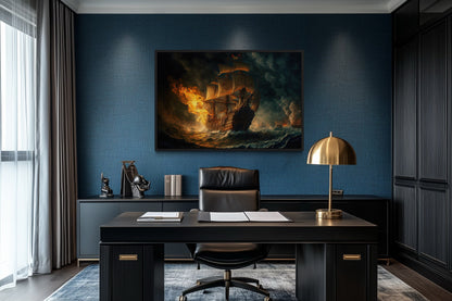 Pirate Ship Battle In Ocean Storm Nautical Framed Canvas Wall Art