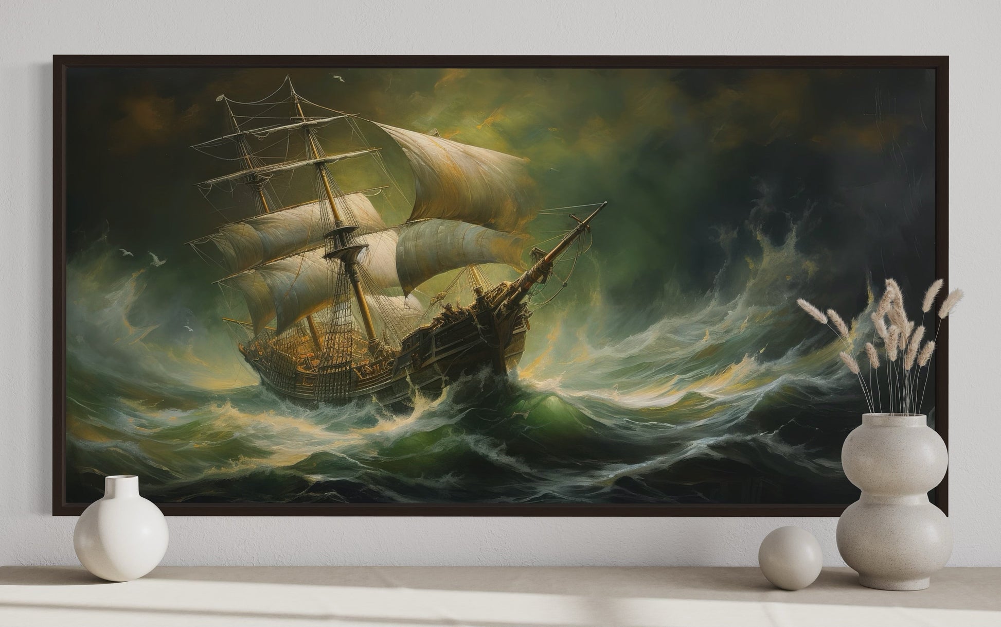 Pirate Ship Wall Art – Nautical Canvas Print | Stormy Sea Painting Decor