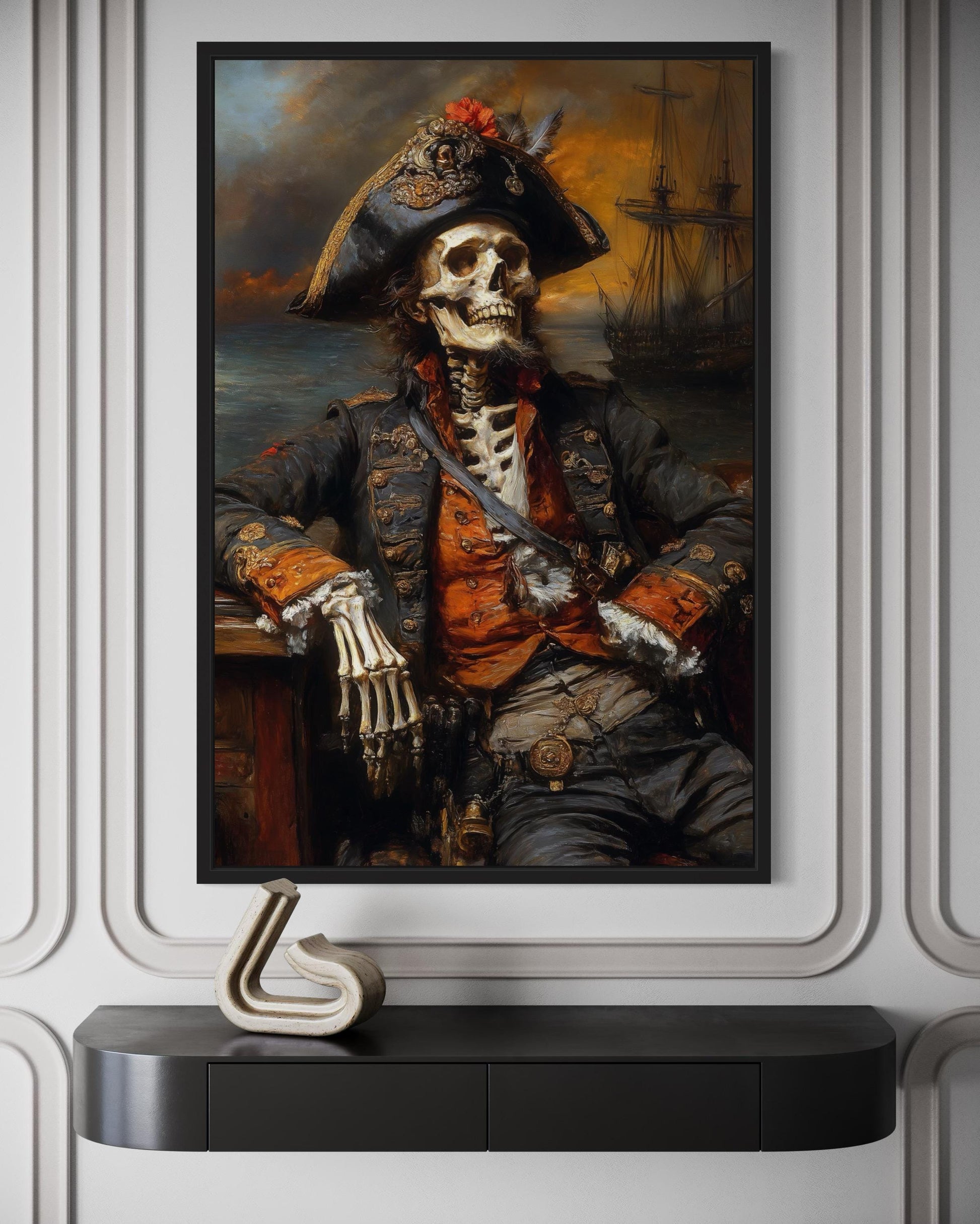 Pirate Skeleton With Ghost Ship And Dark Sea Canvas Wall Art