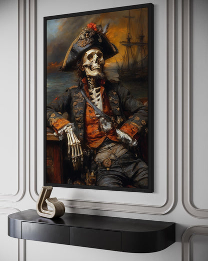 Pirate Skeleton With Ghost Ship And Dark Sea Canvas Wall Art