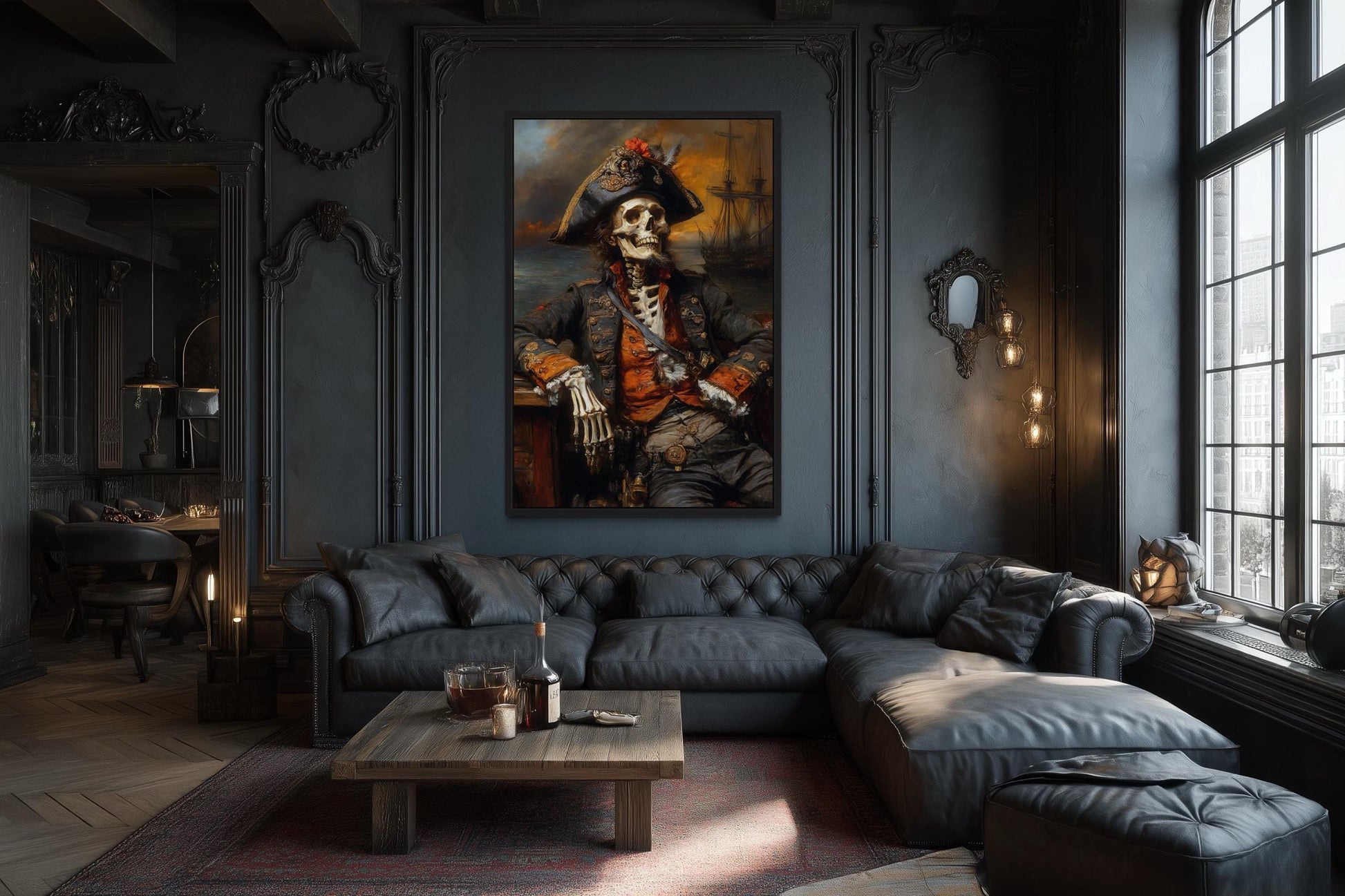 Pirate Skeleton With Ghost Ship And Dark Sea Canvas Wall Art