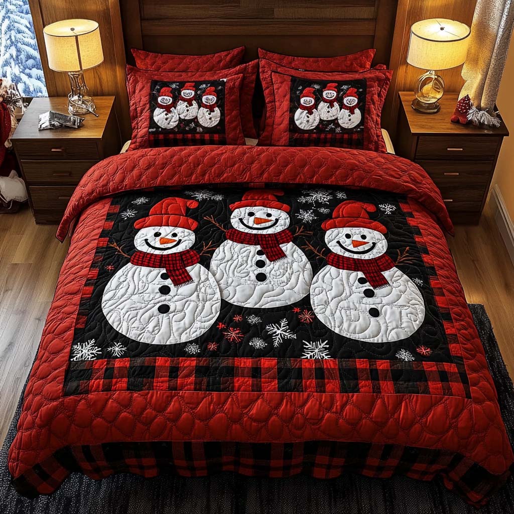 Plaid Snowmen 3-Piece Quilted Bedding Set - Single (59" x 70")